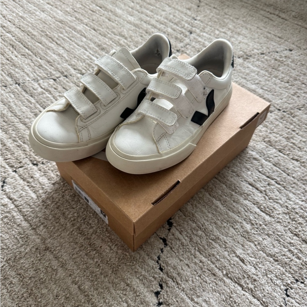 Veja White and Black Velcro Sneakers